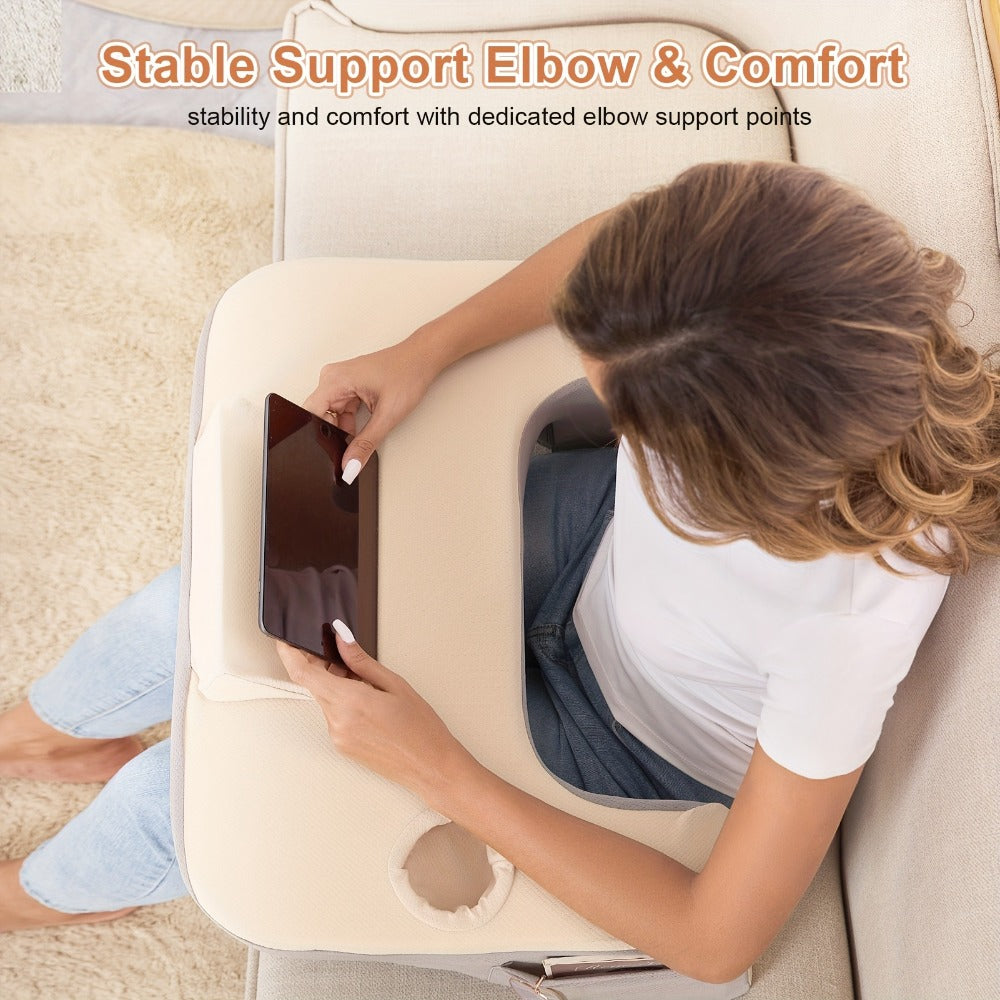 Gray Reading Lap Cushion with Armrests, Cup Holder, Side Pocket and Removable Top Pad for Bed or Sofa
