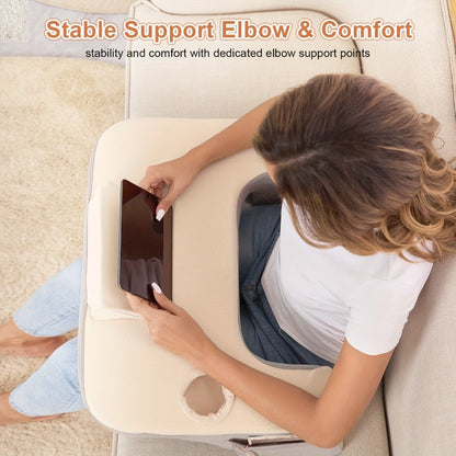 Gray Reading Lap Cushion with Armrests, Cup Holder, Side Pocket and Removable Top Pad for Bed or Sofa