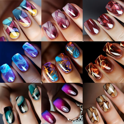 Press On Nails 216-Piece Medium Square Set with Marble, Stripe, Gradient and Flame Designs