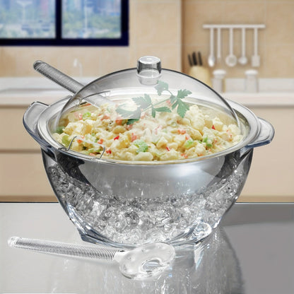 Stainless-Style Salad Bowl Set with Lid, Serving Spoons and Ice-Chiller Base for Buffet or Picnic Display