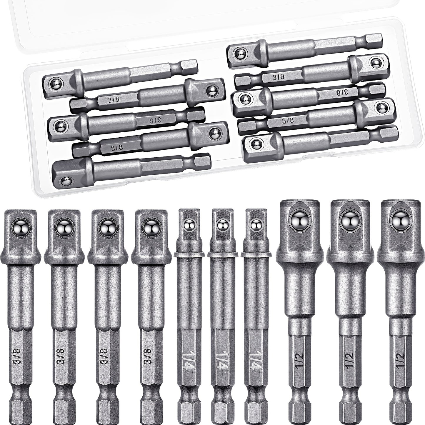 Impact Socket Adapter Set - 1/2" 3/8" 1/4" Square Drive Hex Bit Adapter for Drills & Impact Drivers, Extension Socket Converter for Automotive & DIY Repair, Silver