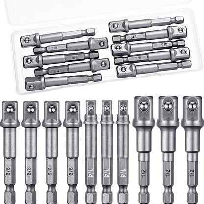 Impact Socket Adapter Set - 1/2" 3/8" 1/4" Square Drive Hex Bit Adapter for Drills & Impact Drivers, Extension Socket Converter for Automotive & DIY Repair, Silver