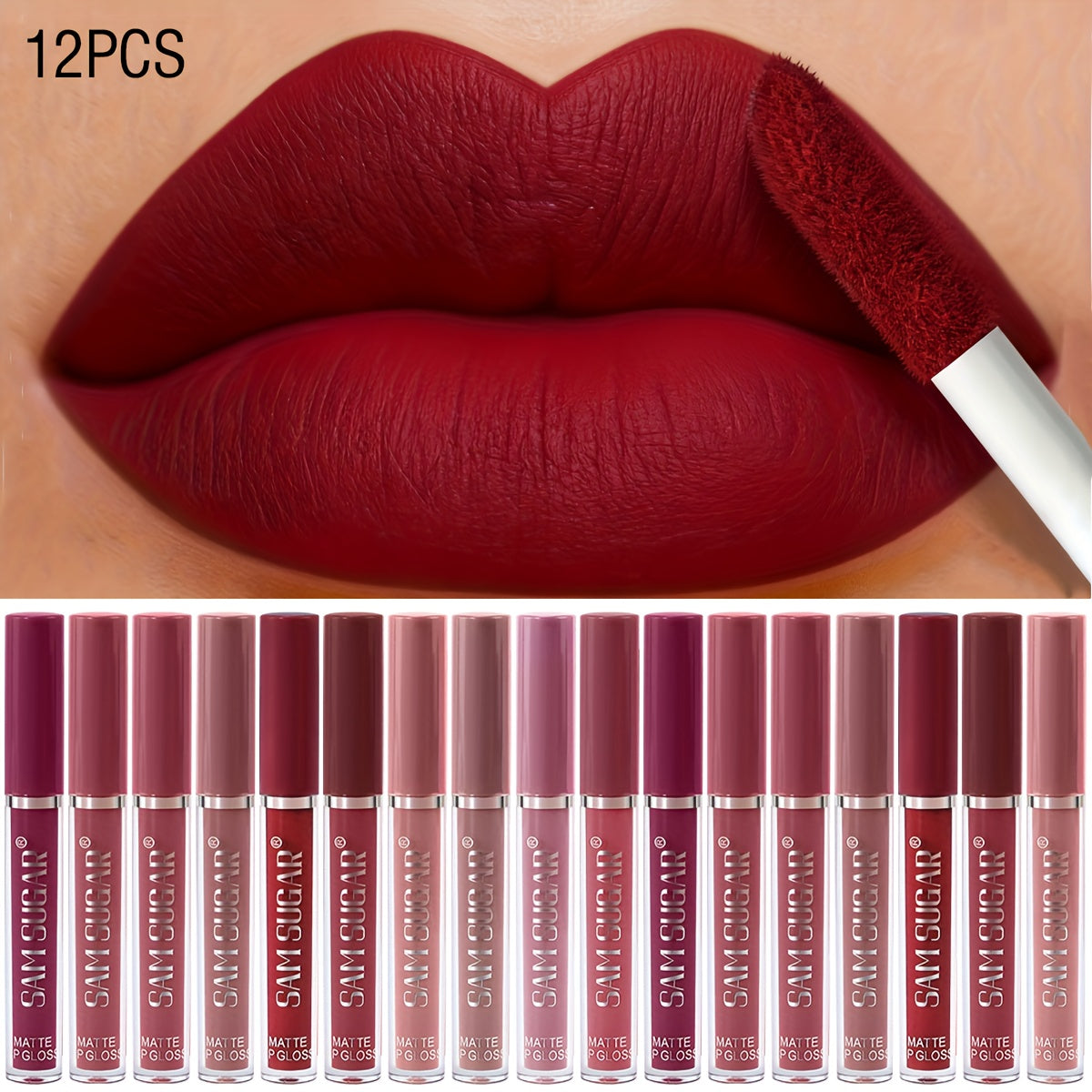 Lip Gloss Set by SAM SUGAR with 12 Matte Liquid Lip Colors, Numbered Shades and Presentation Box