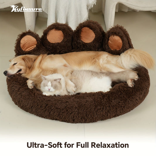 Calming Donut Dog Bed & Cat Bed, Plush Bear Paw Cuddler with Non-Slip Bottom, 19.7-43.3 Inch Sizes