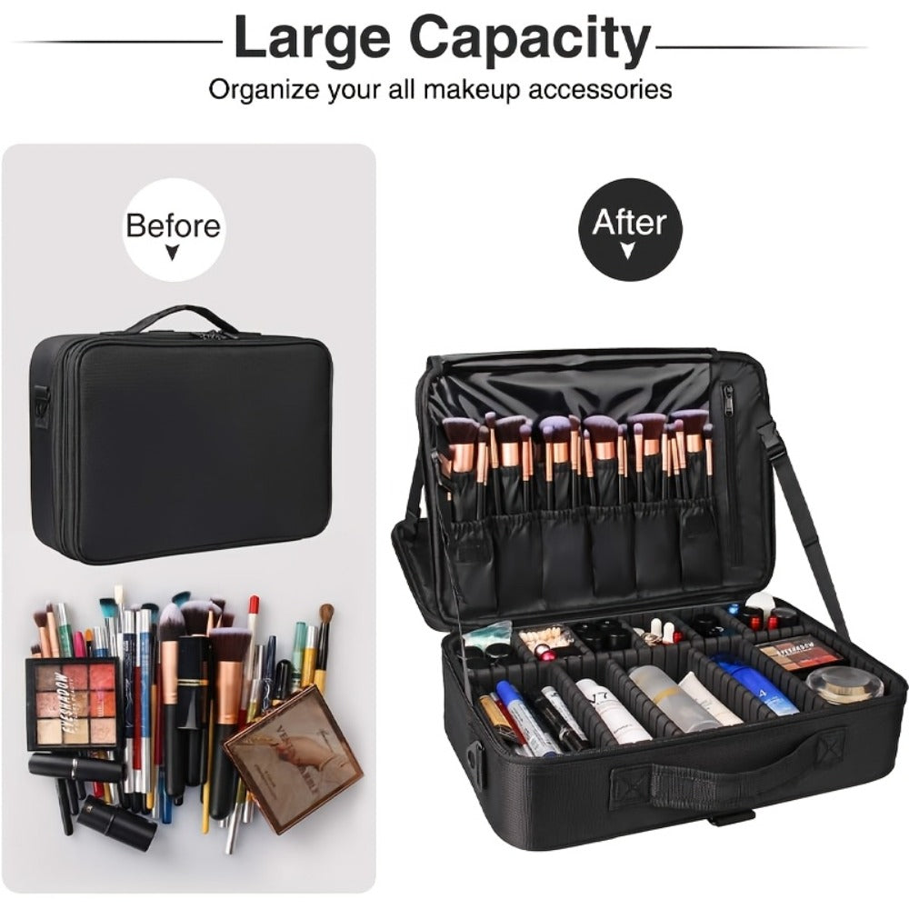 Black 15.8-Inch Soft Makeup Train Case with Three-Layer Interior, Brush Panel and Shoulder Strap