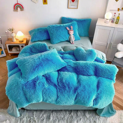 Plush Faux Fur Duvet Cover Set with Heart Pillow, Corner Ties and Twin, Queen or King Sizes in Eight Colors