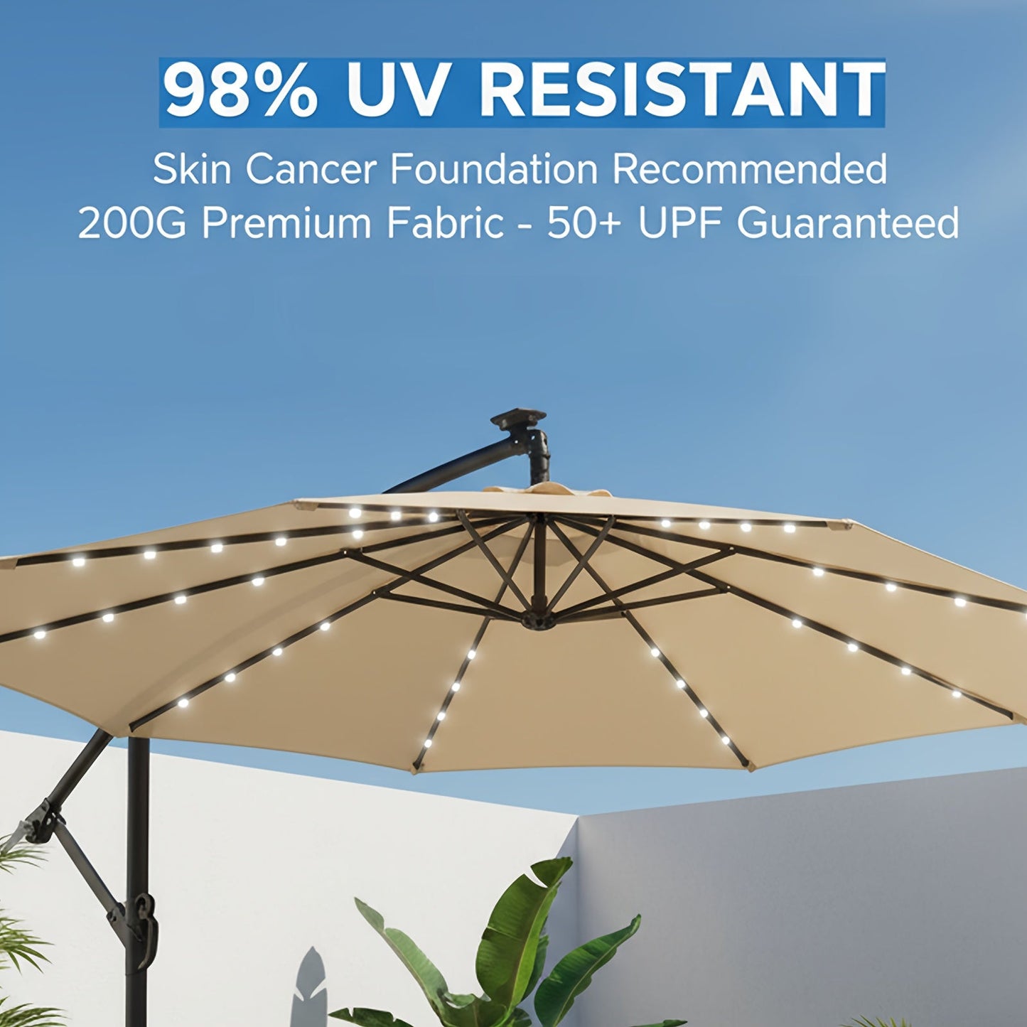 Offset Cantilever Umbrella 10FT Solar LED UPF50+ Easy Tilt Crank