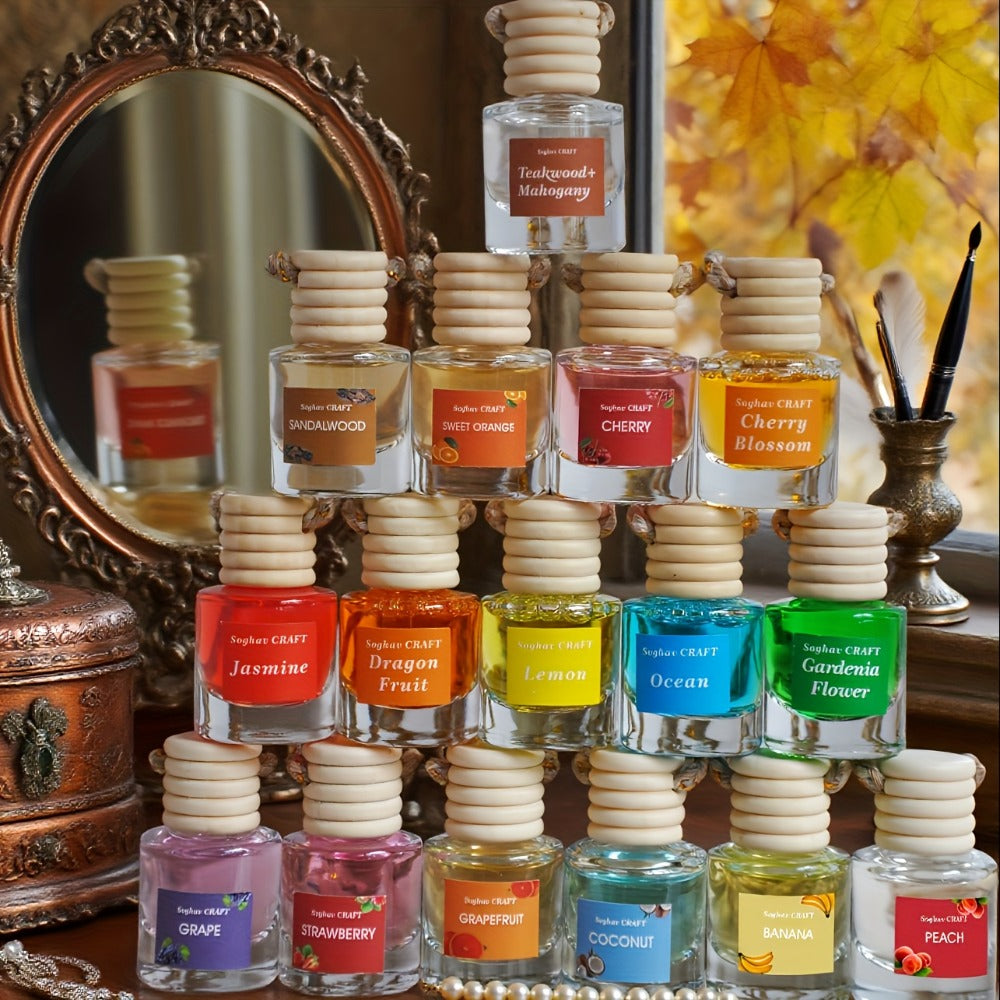 Car Air Freshener 18-Pack Hanging Diffuser Bottles with Six Random Scents and Adjustable Wood Caps