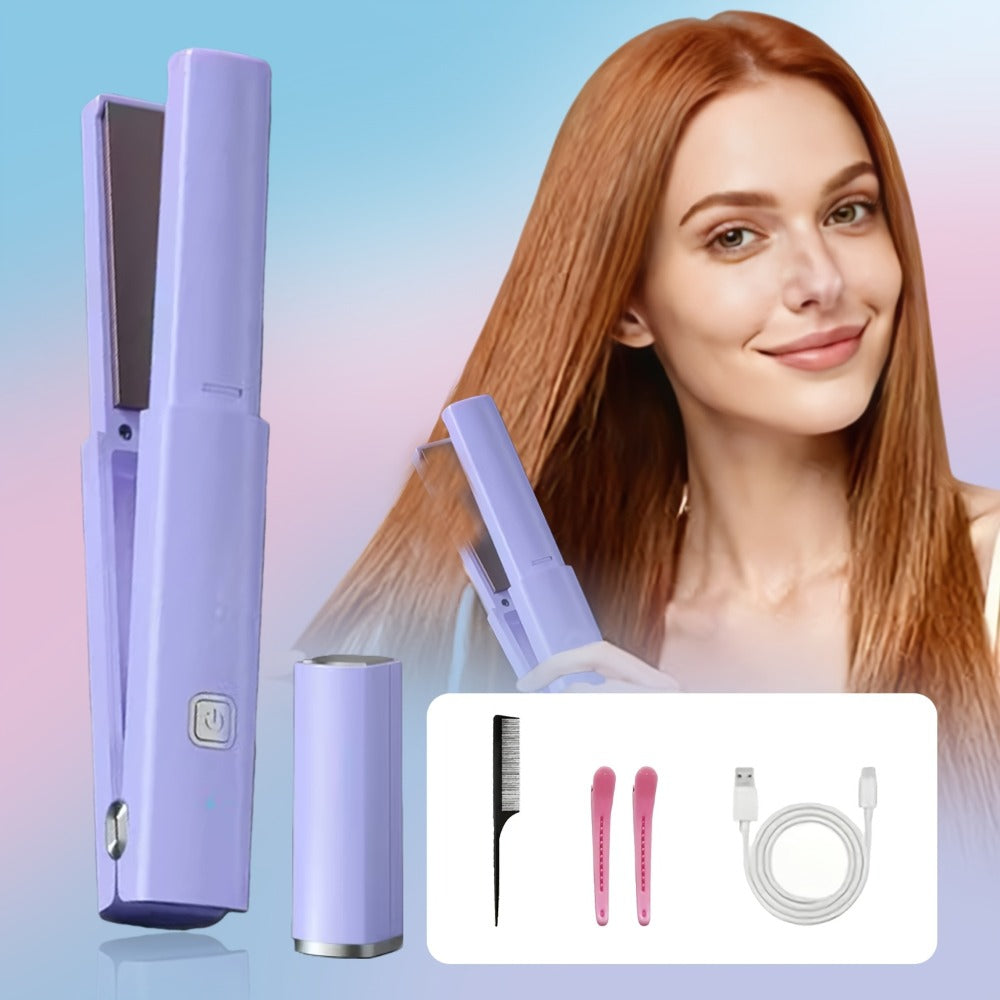 Cordless Straightener and Curler Hair Styling Tool with Three Heat Settings in Gray or Purple