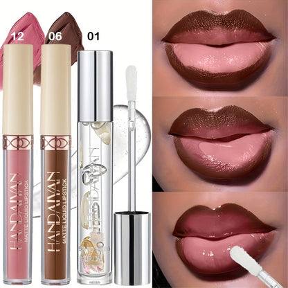 Three-Tube Lip Makeup Set with Clear Silver-Cap Tube and Coordinated Color Pair in Set A, B or C