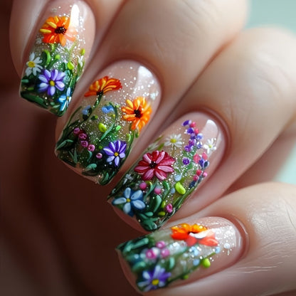 Press On Nails 120-Piece Medium Square Set with Glossy Floral and Striped Designs in Five Packs