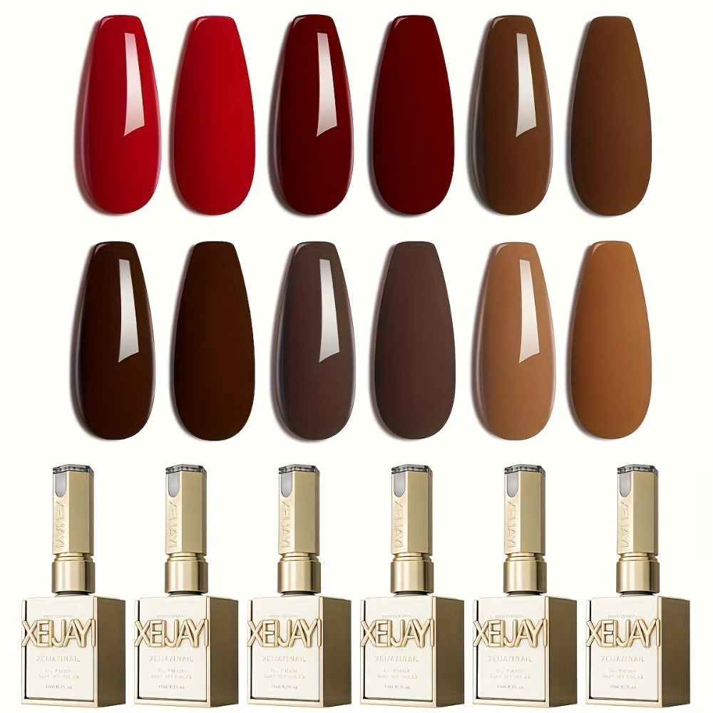 Gel Nail Polish Set with XEIJAYI Label, 6 Red Glitter Gel Colors in Gilded Bottle Set 36 for UV LED Cure