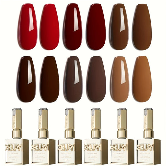 Red Glitter Gel Nail Polish Set 6 Colors — Sparkling Long-Lasting Soak Off LED UV Semi-Permanent Nail Gel | Gilded Bottle Salon Quality Nail Art Kit | Holiday Party Festive Nails Gift for Women