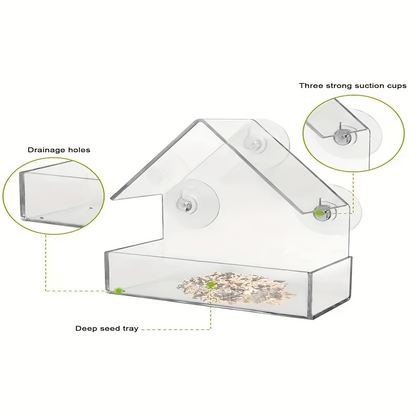 Clear Window-Mount Bird Feeder with Suction Cups, Roofed Seed Tray and Transparent Single Checkout