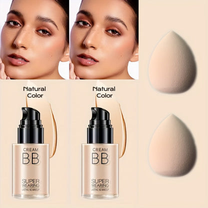 Moisturizing BB Cream Liquid Foundation Set 2-Piece with Makeup Sponge — Flawless Long-Lasting Medium Coverage Skin-Isolating Concealer for All Skin Types Women Natural & Light Beige Shades