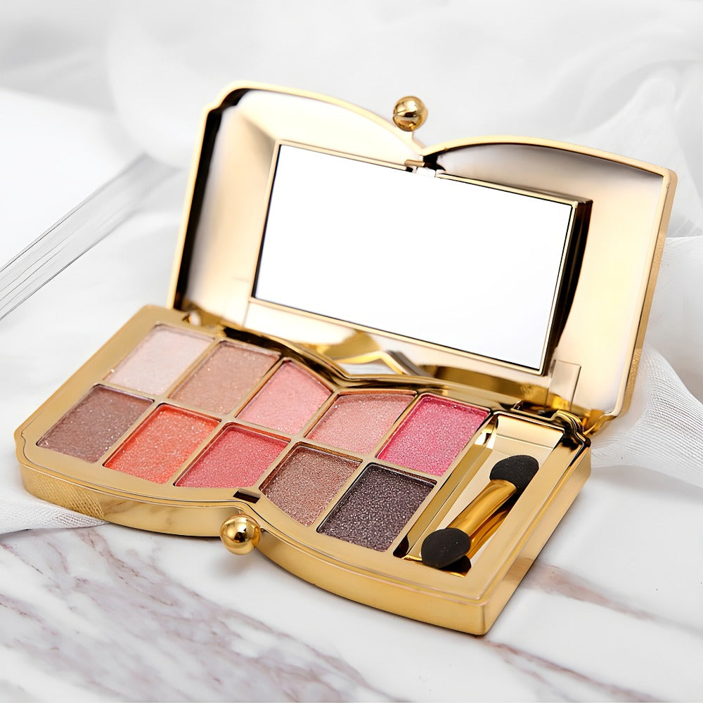 Eyeshadow Palette 10-Shade Gold Bow Compact with Mirror, Dual-Ended Applicator and Three Color Options