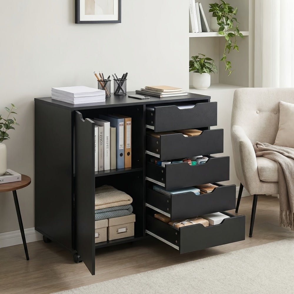 5-Drawer Wood Storage Cabinet with Rolling Wheels and Adjustable Shelves detail image