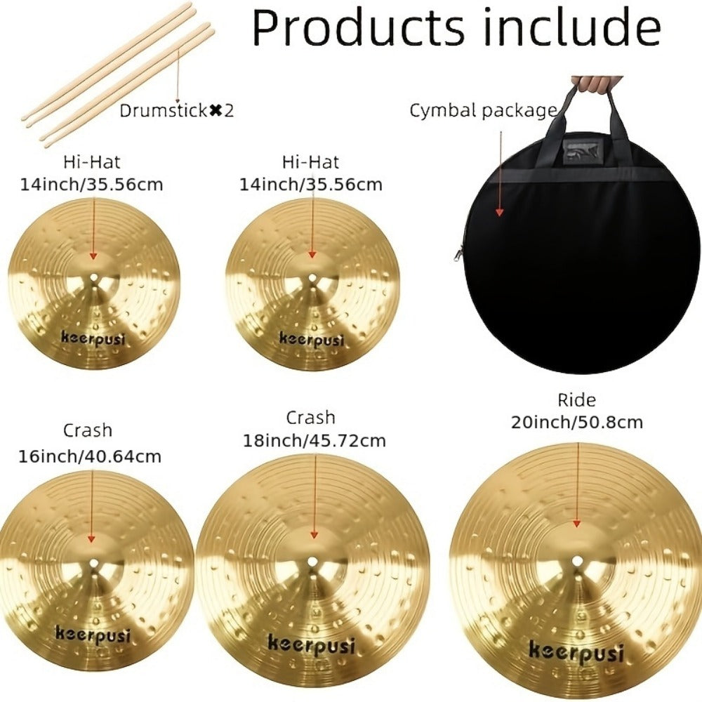5-Piece Cymbal Pack, 14–20 Inch Hi-Hat Crash Ride Set with Bag detail image