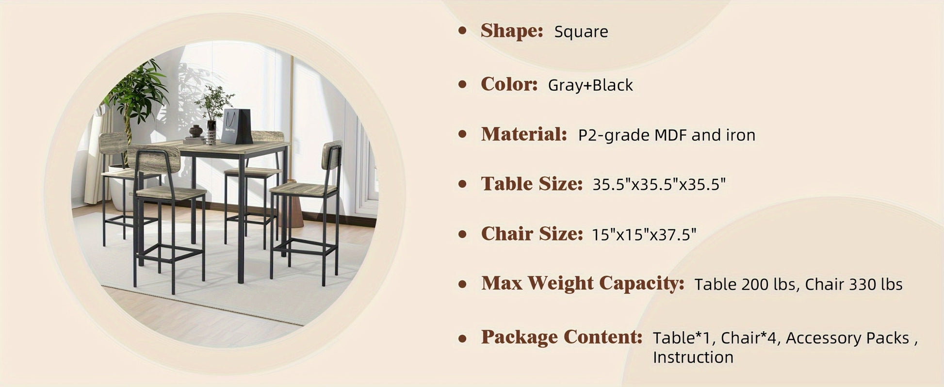 5-Piece Rectangular Dining Table Set for Kitchen and Home Office detail image - detail view 15