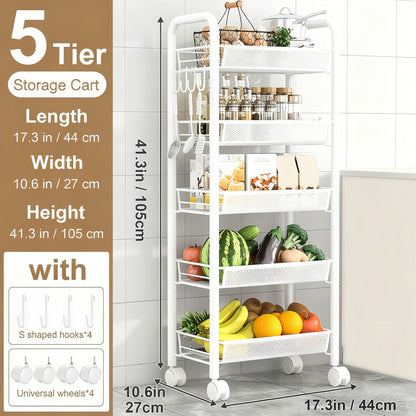 5-Tier Metal Kitchen Storage Cart with Mesh Storage Shelf and 360° Swivel detail image - detail view 6