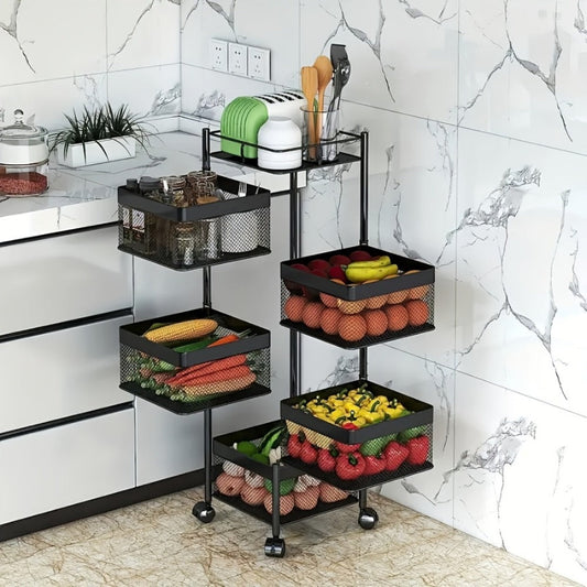 Kitchen Storage Shelf, 5-Tier Rotating with Wheels, Metal Fruit & Vegetable Basket Rack shown in the main product view