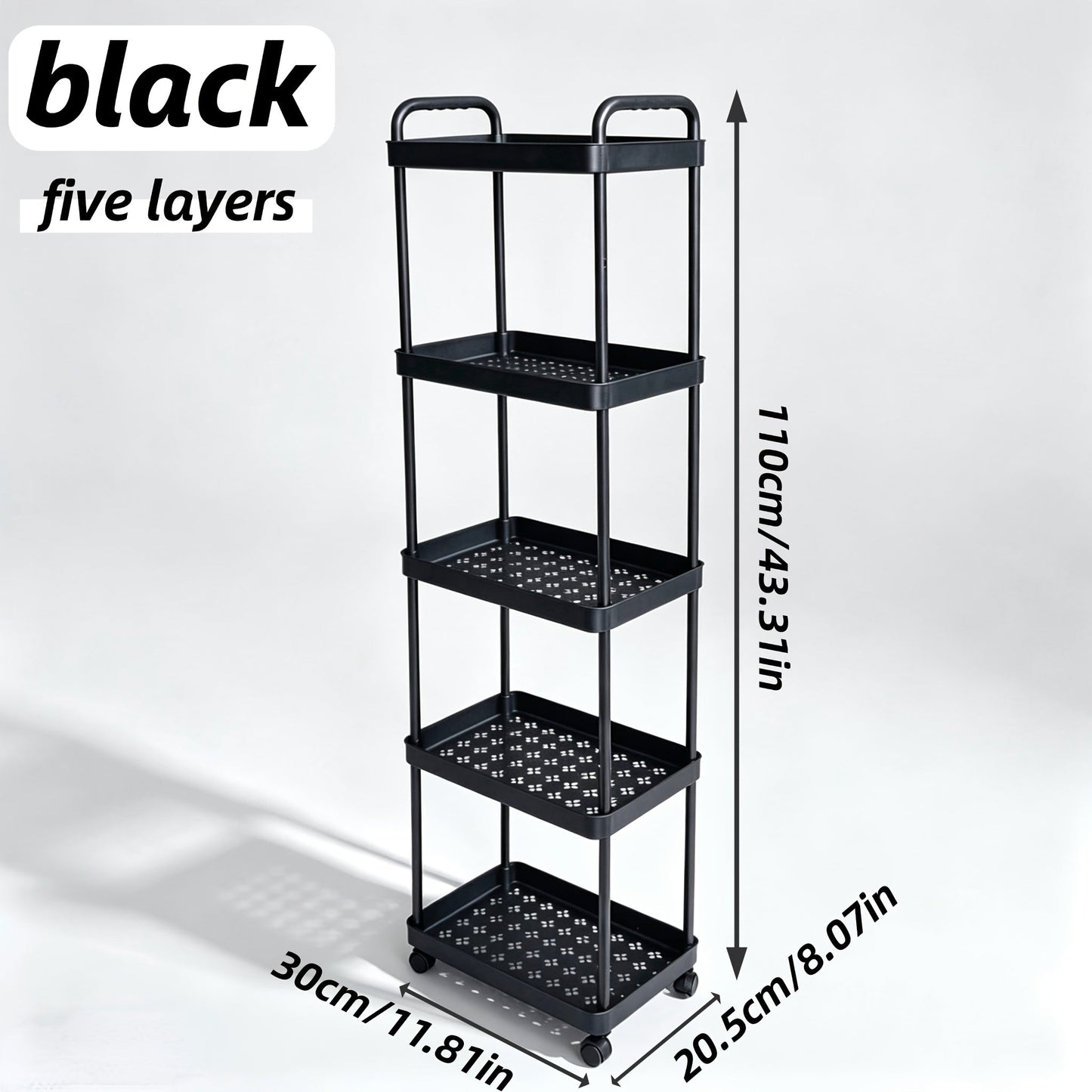 Storage Trolley Rack shown in the Black, Five Tiers option