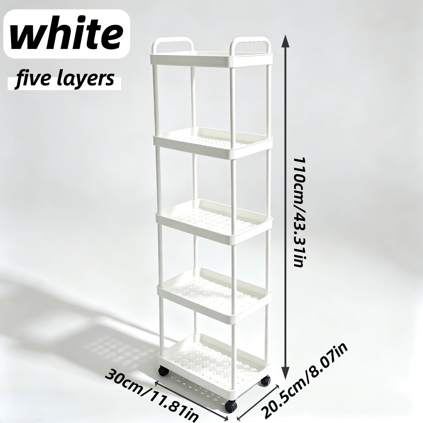 Storage Trolley Rack shown in the White, Five Tiers option