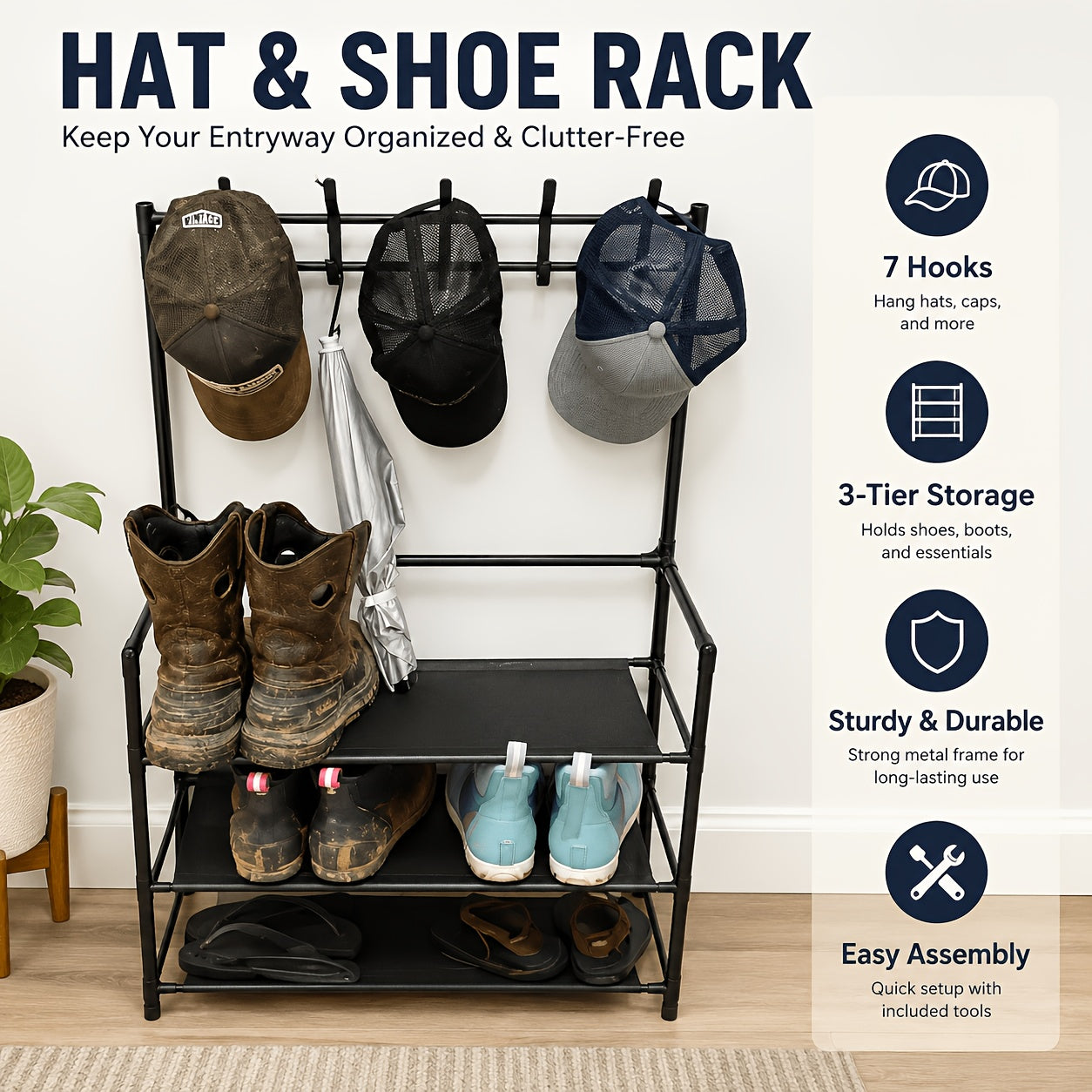 Shoe Rack shown in the Luxury Black, 3-tier Shoe and Hat Rack option