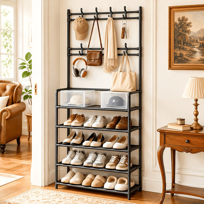Shoe Rack shown in the Luxury Black, Specifications: Five tiers + 8 coat hooks option