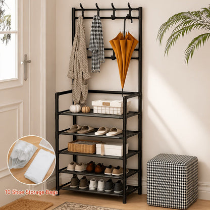 Shoe Rack, Entryway with Coat Hooks Multifunctional 3 4 5 Tier Shoe Hat Organizer - Choose shown in the main product view