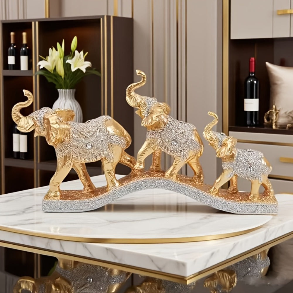 Golden Elephant Family Figurine Set with Three Resin-Look Sculptures on a 14-Inch Display Base