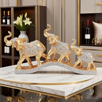 Golden Elephant Family Figurine Set with Three Resin-Look Sculptures on a 14-Inch Display Base