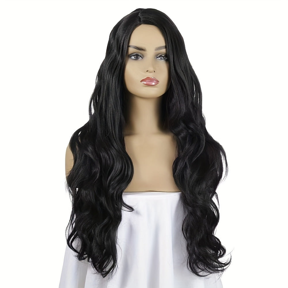 Synthetic Wig 28-Inch Big-Wave Curly Headband Style in Dark Brown or Black for Parties and Weddings