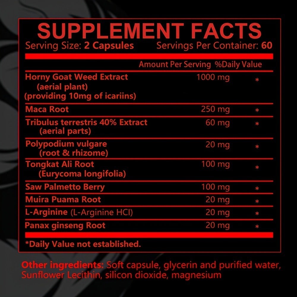 Dietary Supplement Capsules with KENOFOR Label, Horny Goat Weed, Maca Root, Saw Palmetto and 120 Count