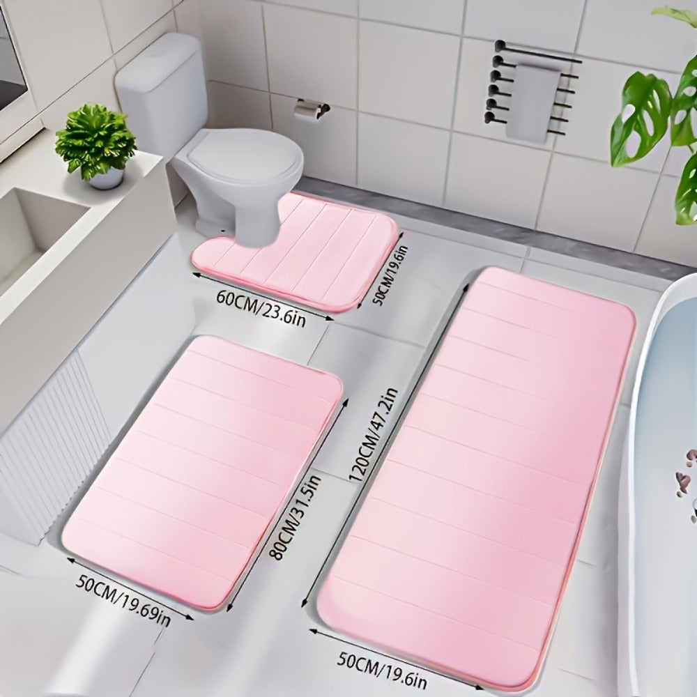 Channel-Stitched Three-Piece Padded Bath Mat Set with Long Runner and Two Matching Rugs in Nine Solid Colors