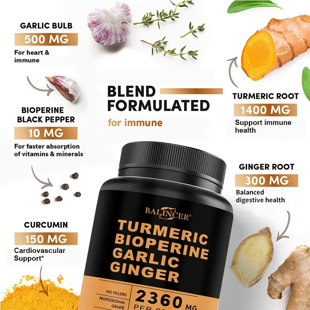 Herbal Supplement with BALINCER Label, Turmeric Bioperine Garlic Ginger 2360mg per Serving, 120 Capsules