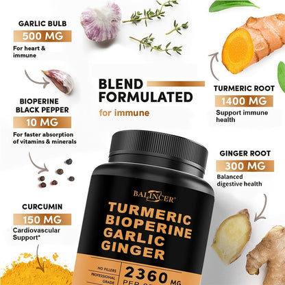 Herbal Supplement with BALINCER Label, Turmeric Bioperine Garlic Ginger 2360mg per Serving, 120 Capsules