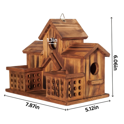 Three-Opening Wooden Birdhouse with Raised Center Roof, Twin Perched Side Trays and Hanging Loop