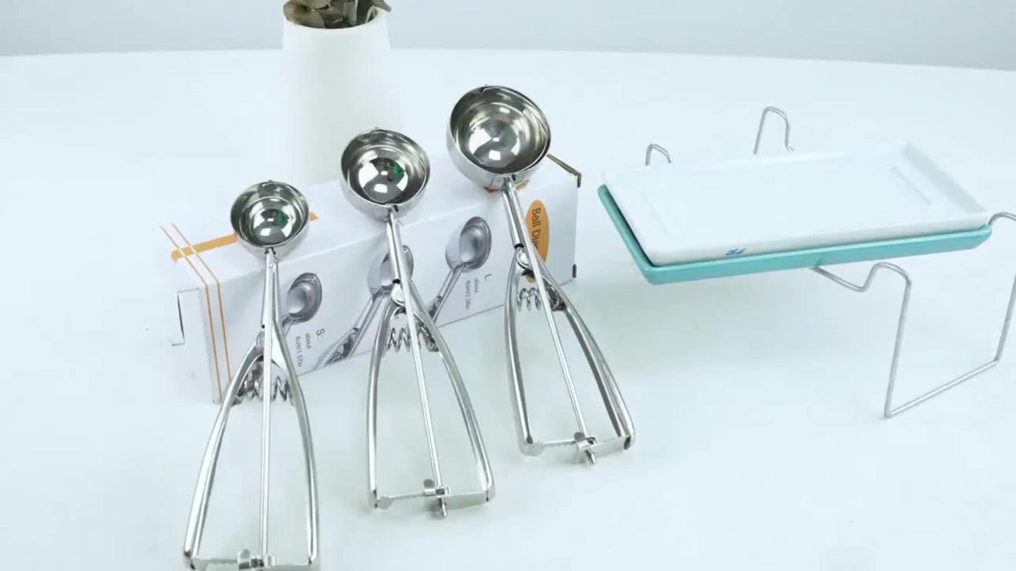Three-Piece Trigger Scoop Set with Small, Medium and Large Bowls for Ice Cream, Cookie Dough and Fruit