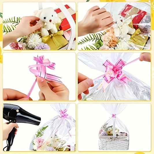 Clear Heat Shrink Cellophane Bags 80pcs 3 Sizes with Pull Bows | Gift Basket Wrapping Bags for Easter Mother's Day Party Favors