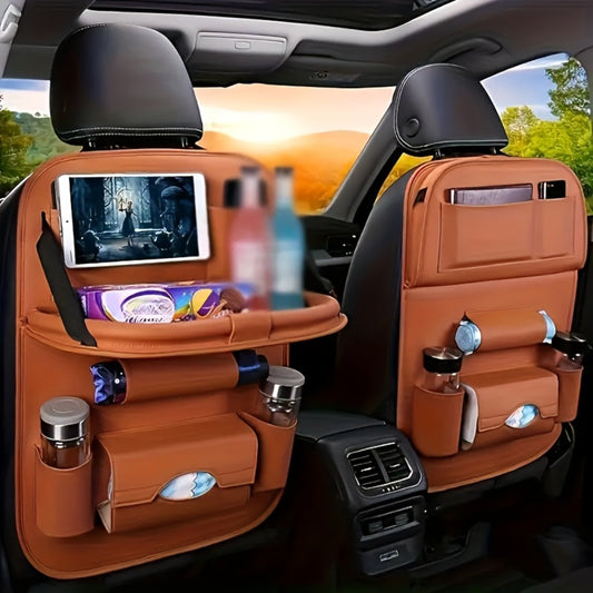 Back Seat Organizer with Foldable Table Tray 2pcs – Kick Mats, Cup Holder, Tissue Box, Umbrella Holder & Laptop Tray – All-in-One Car Rear Seat Storage