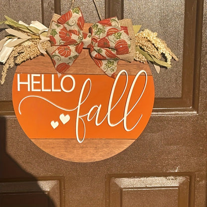 Hello Fall Pumpkin Door Hanger with Wheat Sprays, Layered Bow and 11.8-Inch Round Wood-Look Sign