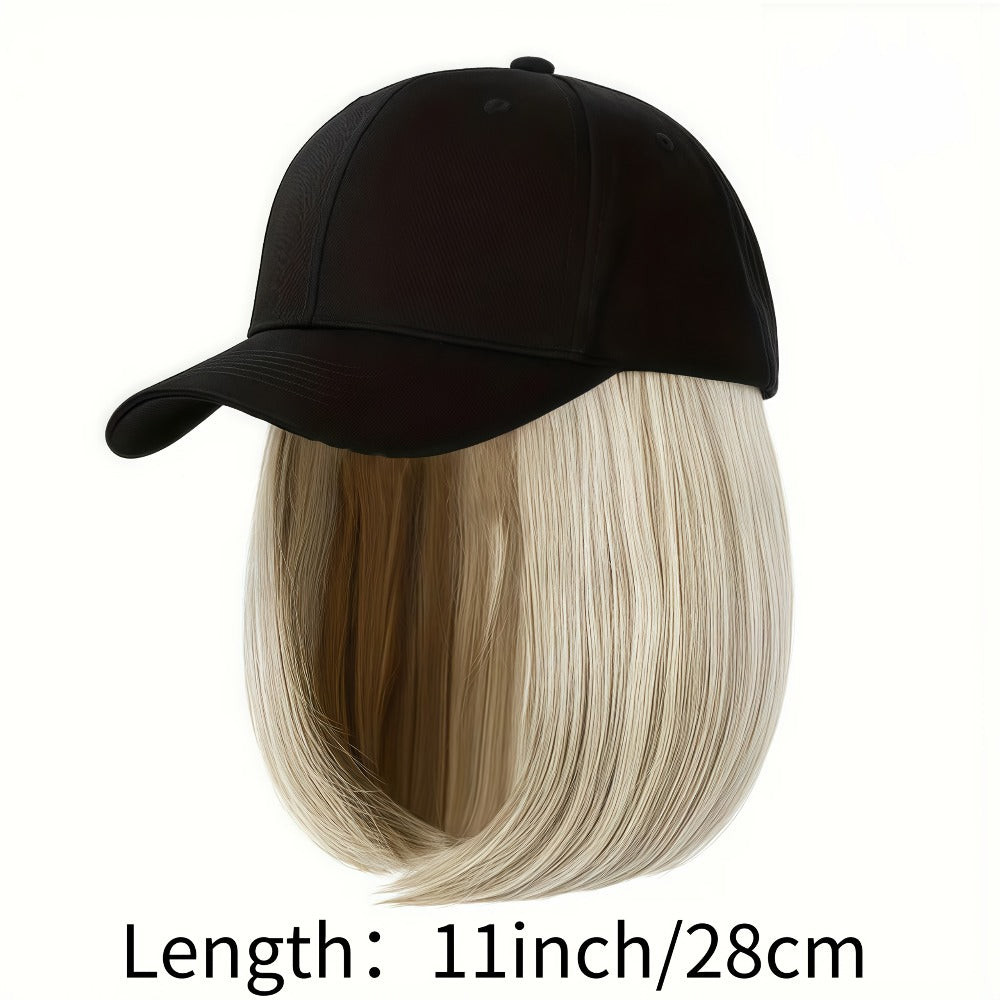 Baseball Cap with Attached 12-Inch Straight Bob Hairpiece in Style4, Black, 613 or 107 Checkout Options