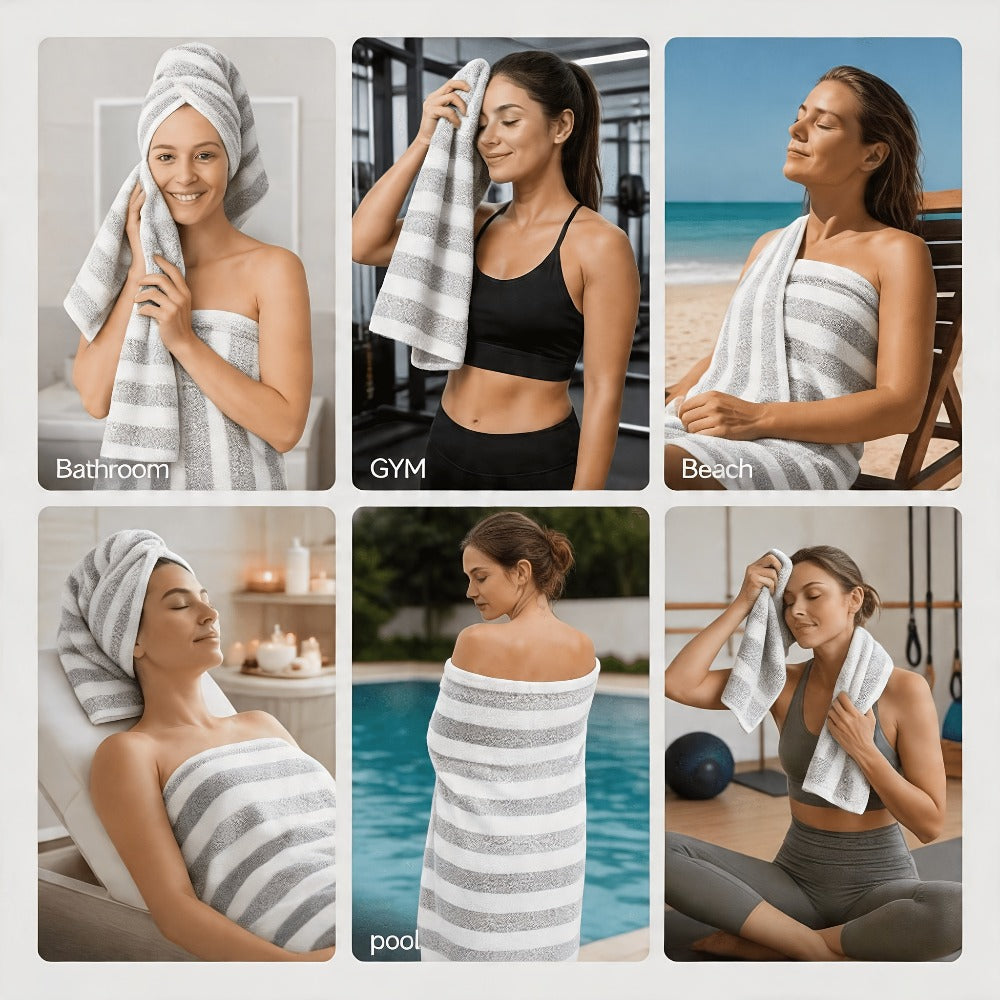 Bath Towels Set 1 or 4 Pack 346GSM Polyester Striped Towels 70 x 140cm in Four Colors for Home and Guest Use