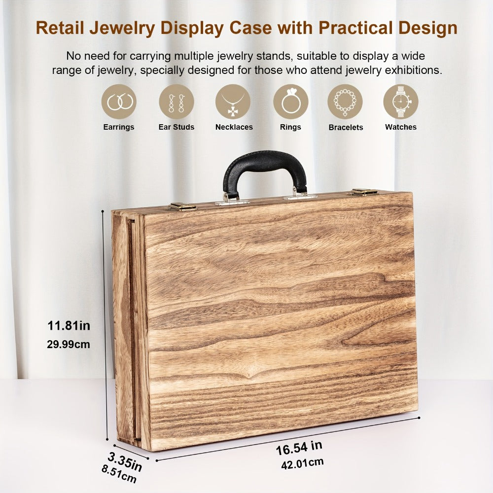 Burnt-Wood Jewelry Display Case with Carry Handle, Buckle Closure and Multi-Section Earring Card Storage