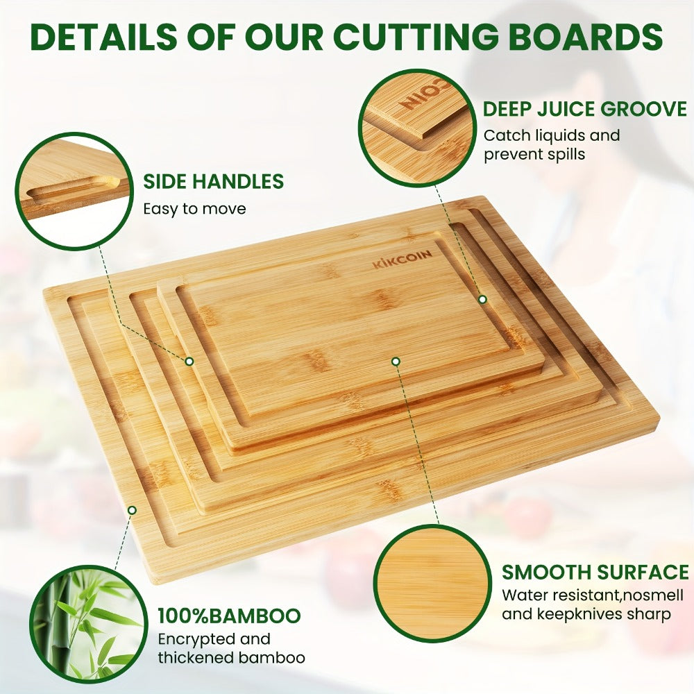 Four-Piece Bamboo Cutting Board Set with Graduated Sizes, Juice Grooves and Storage Rack Included