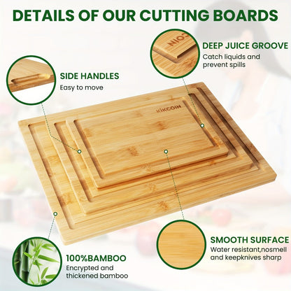 Four-Piece Bamboo Cutting Board Set with Graduated Sizes, Juice Grooves and Storage Rack Included