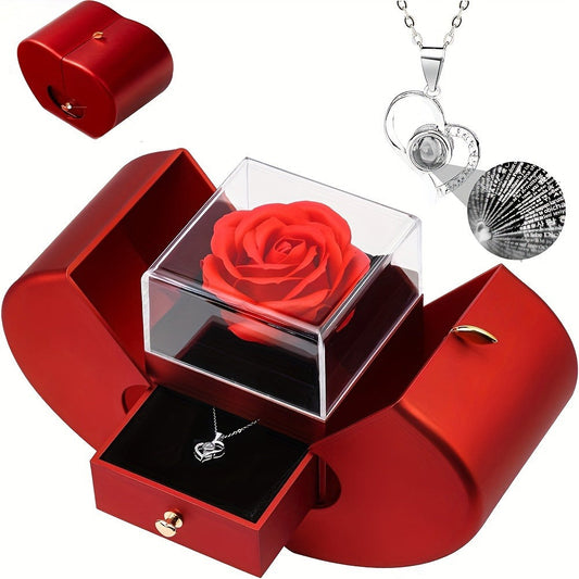 Preserved Real Rose Gift Box with I Love You in 100 Languages Necklace – Romantic Gifts for Girlfriend Wife Mom – Valentine's Day Birthday Mother's Day Christmas Gift Idea for Women