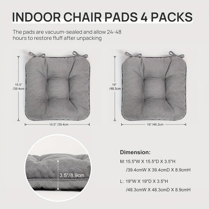 Tufted Chair Cushion Sets in 4- or 8-Piece Options with M/L Sizes, Tie Straps and 12 Color Choices