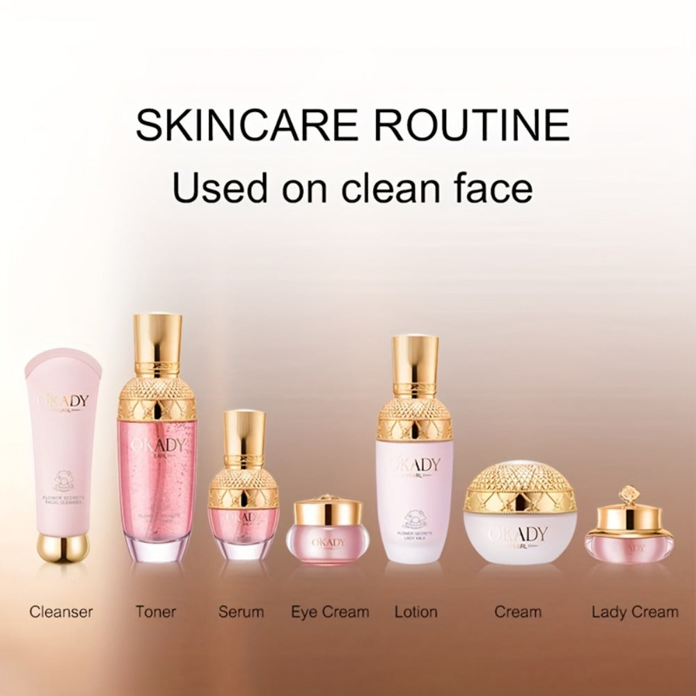 7-Piece Pearl-Themed Skincare Gift Set with Coordinated Facial-Care Bottles and Jars in a Fitted Box